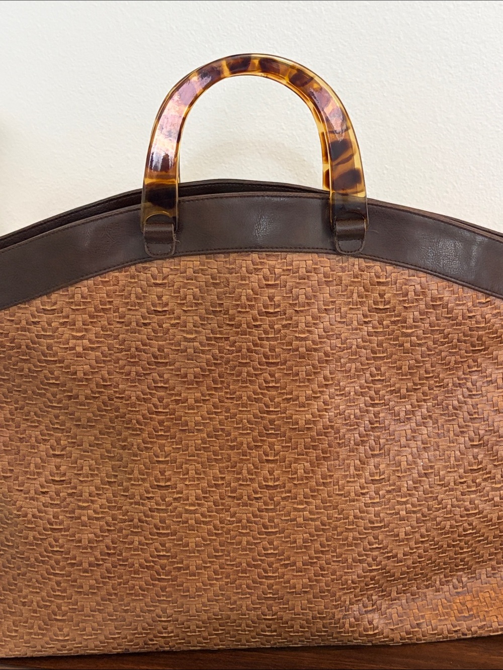 Woven Brown Tote with Tortoiseshell Top Handle - Picture 2 of 7